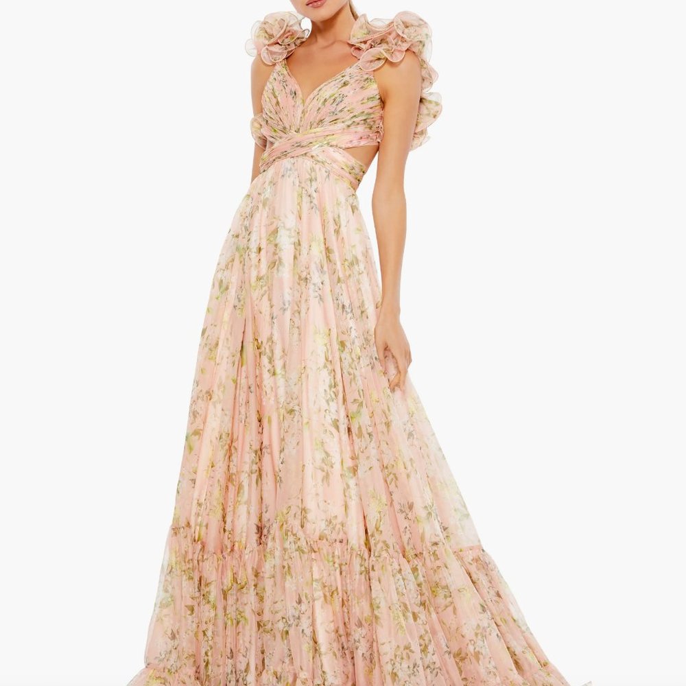 NEW Mac Duggal Floral Chiffon Cutout Ballgown